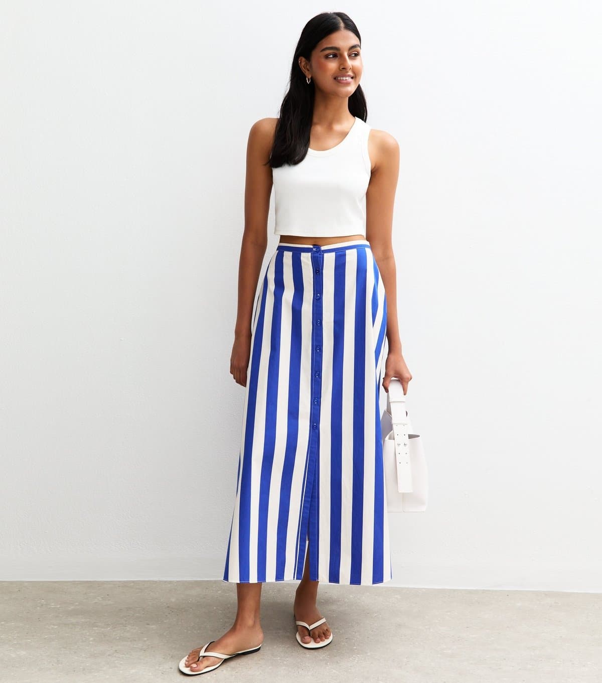 New Look Women's Blue Stripe Print Poplin Button Front Midi Skirt New Look