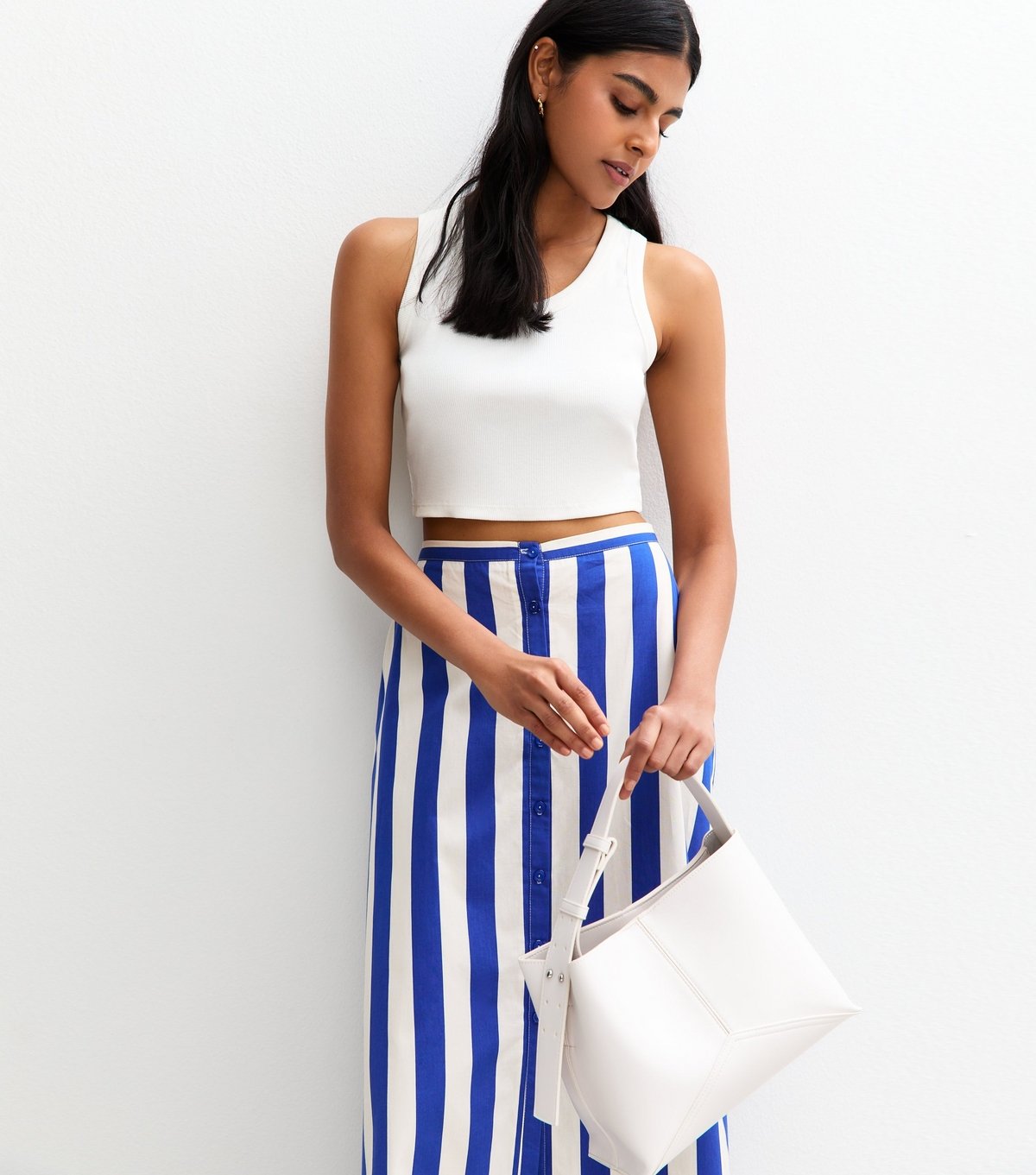 New Look Women's Blue Stripe Print Poplin Button Front Midi Skirt New Look - 2