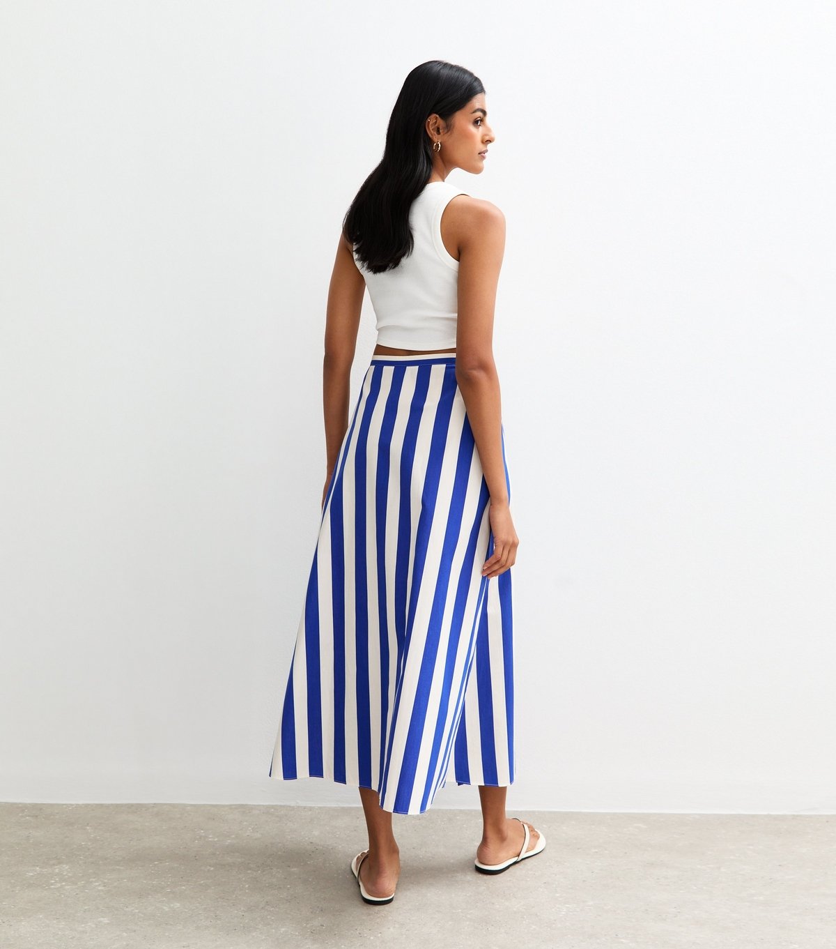 New Look Women's Blue Stripe Print Poplin Button Front Midi Skirt New Look - 4