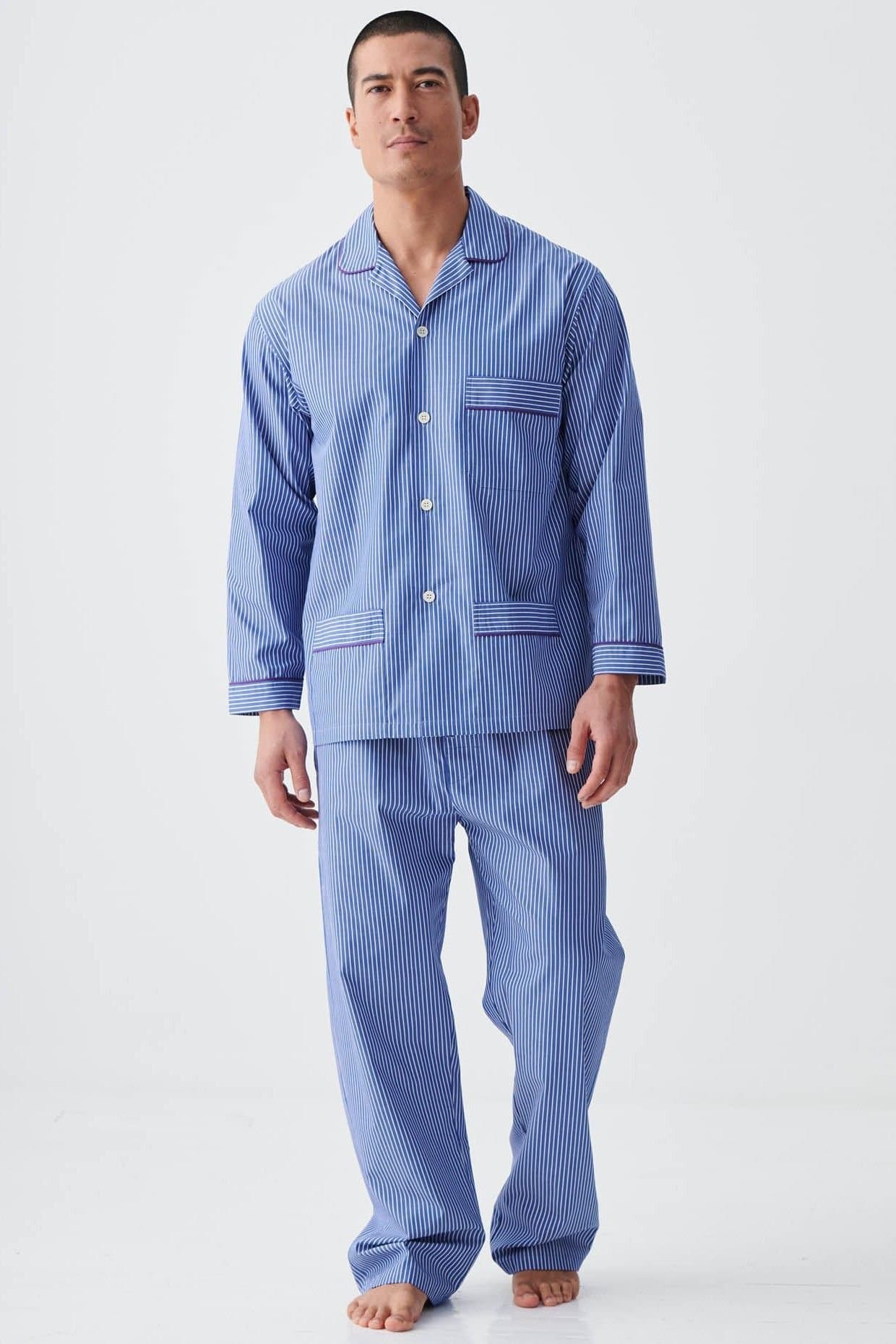 British Boxers British Boxers Men's "Stowe Prussian Blue & White Stripe" Crisp Cotton Pyjama Set in Navy