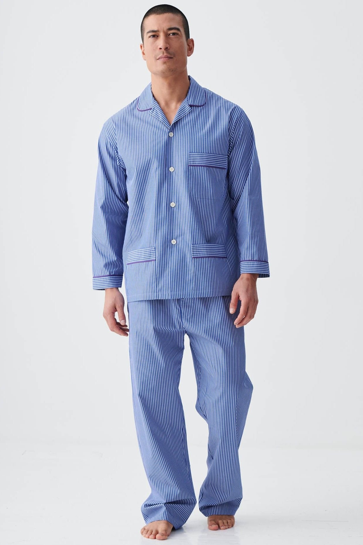 British Boxers British Boxers Men's "Stowe Prussian Blue & White Stripe" Crisp Cotton Pyjama Set in Navy - 2