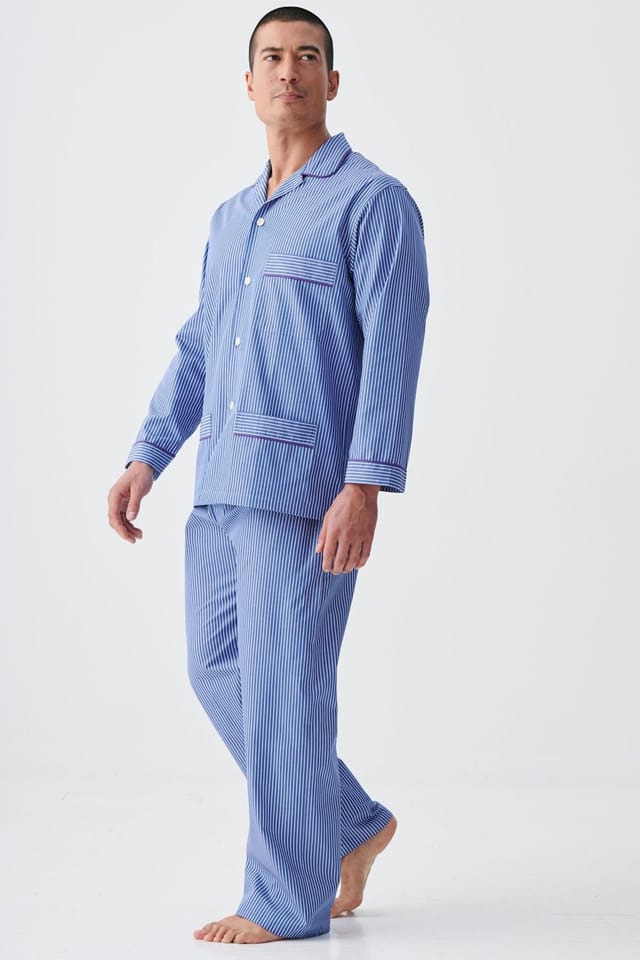 British Boxers British Boxers Men's "Stowe Prussian Blue & White Stripe" Crisp Cotton Pyjama Set in Navy - 2