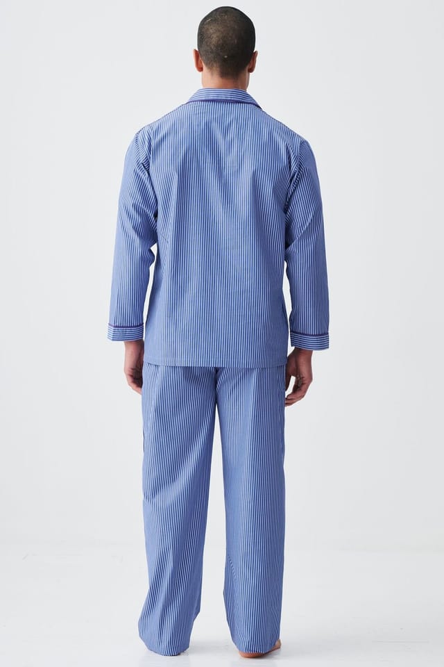 British Boxers British Boxers Men's "Stowe Prussian Blue & White Stripe" Crisp Cotton Pyjama Set in Navy - 3