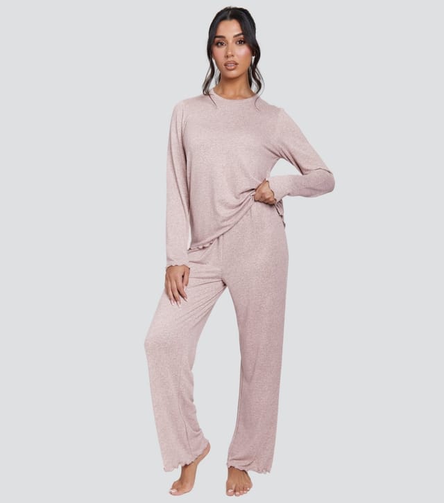 Loungeable Women's Light Brown Rib Super Soft Brushed Marl Lettuce Trim Pyjama Set Loungeable New Look - 3
