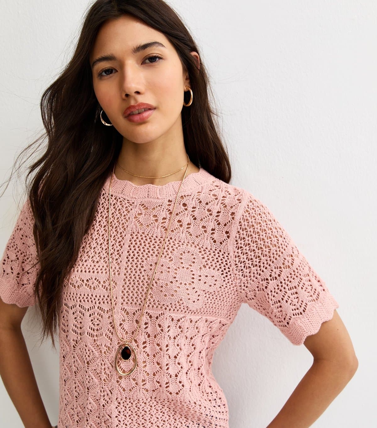 New Look Women's Light Pink Cotton Rich Pointelle Patchwork Short Sleeve Top New Look