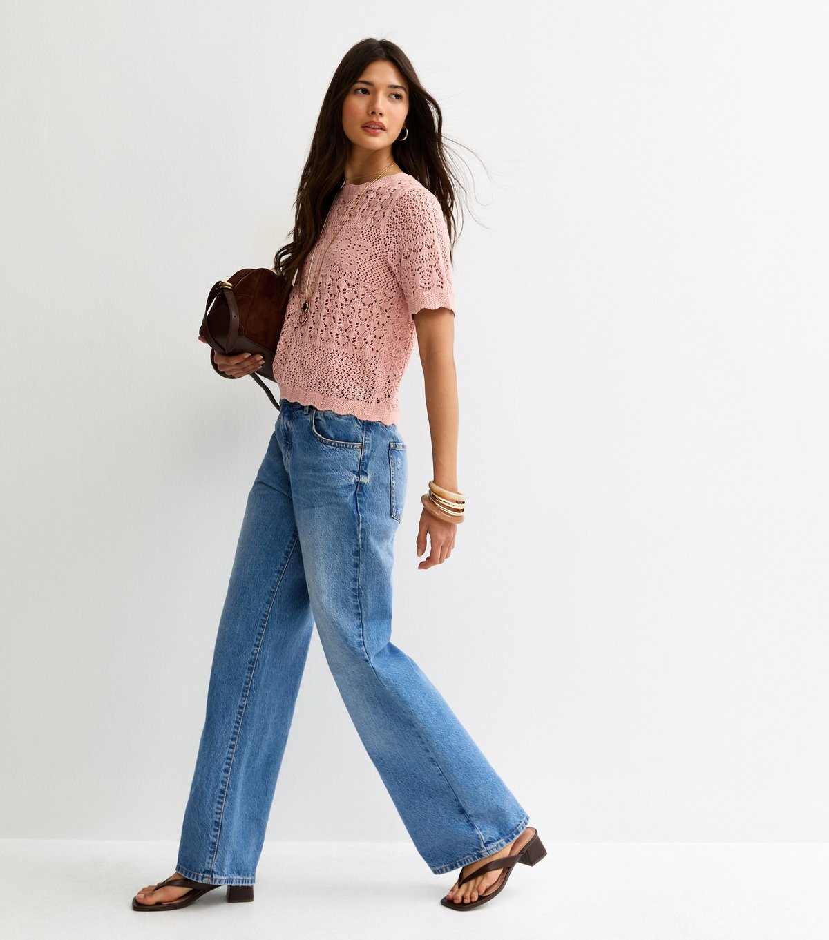 New Look Women's Light Pink Cotton Rich Pointelle Patchwork Short Sleeve Top New Look - 3