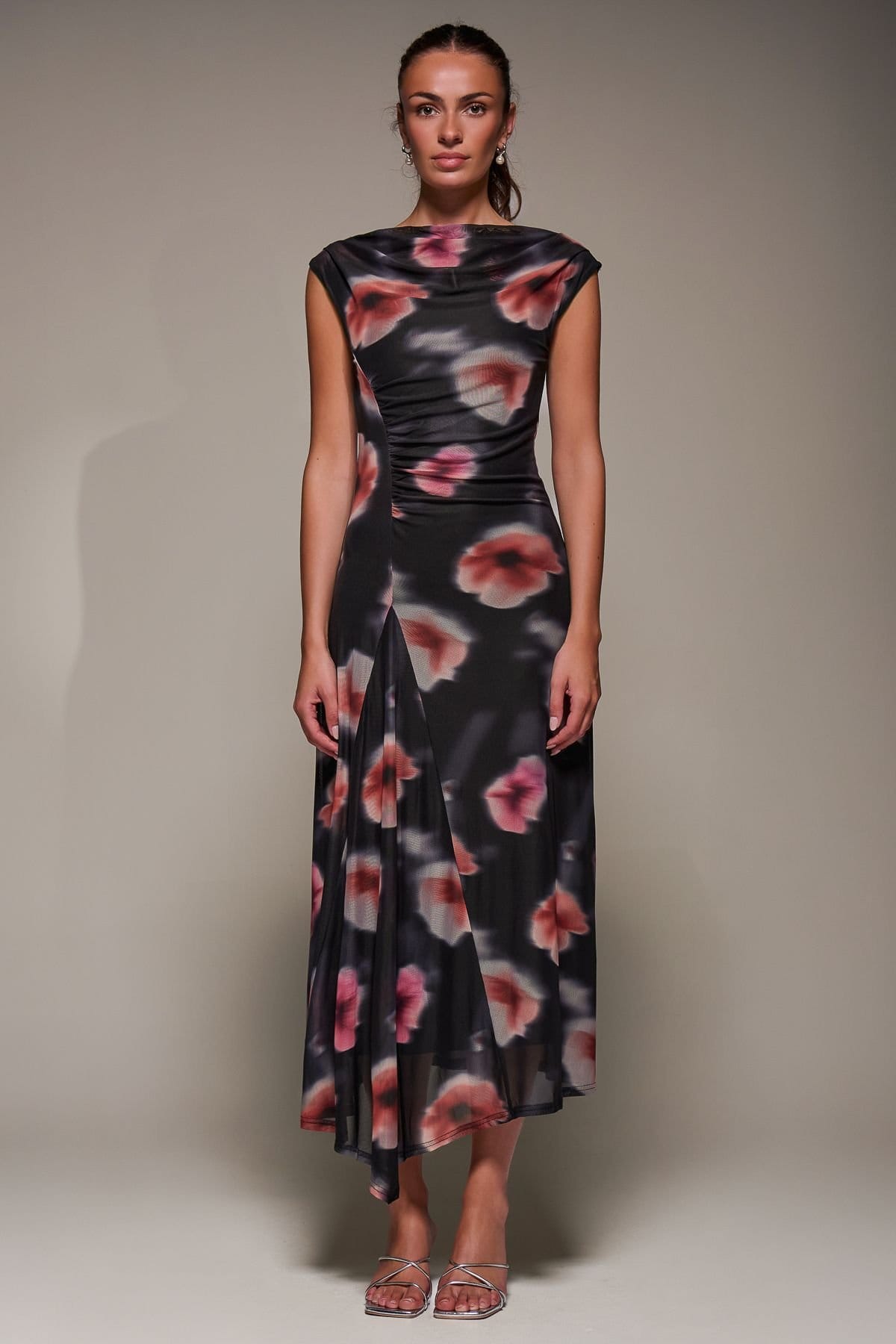 Jolie Moi Jolie Moi Women's Slash Neck Ruched Mesh Maxi Dress in Black - 1