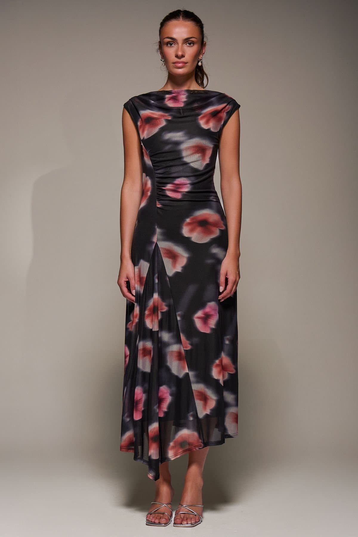 Jolie Moi Jolie Moi Women's Slash Neck Ruched Mesh Maxi Dress in Black