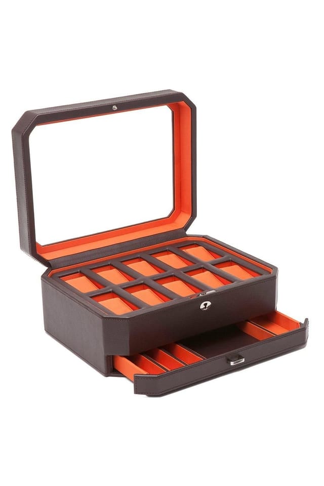 Wolf WOLF Men's Windsor 10 Piece Watch Box with Drawer in Brown - 3