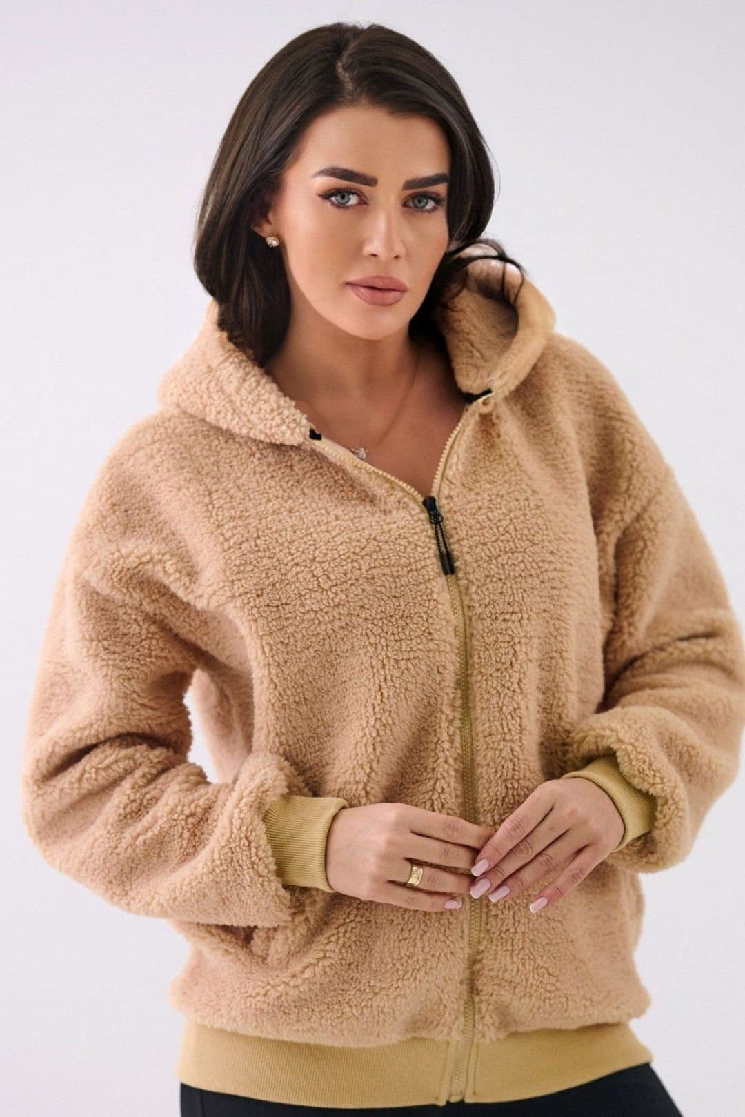 Love Lace Love Lace Women's Sheep Style Casual Zip Hooded Sweatshirt in Beige