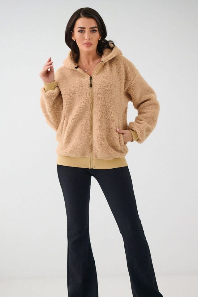 Love Lace Love Lace Women's Sheep Style Casual Zip Hooded Sweatshirt in Beige - 2