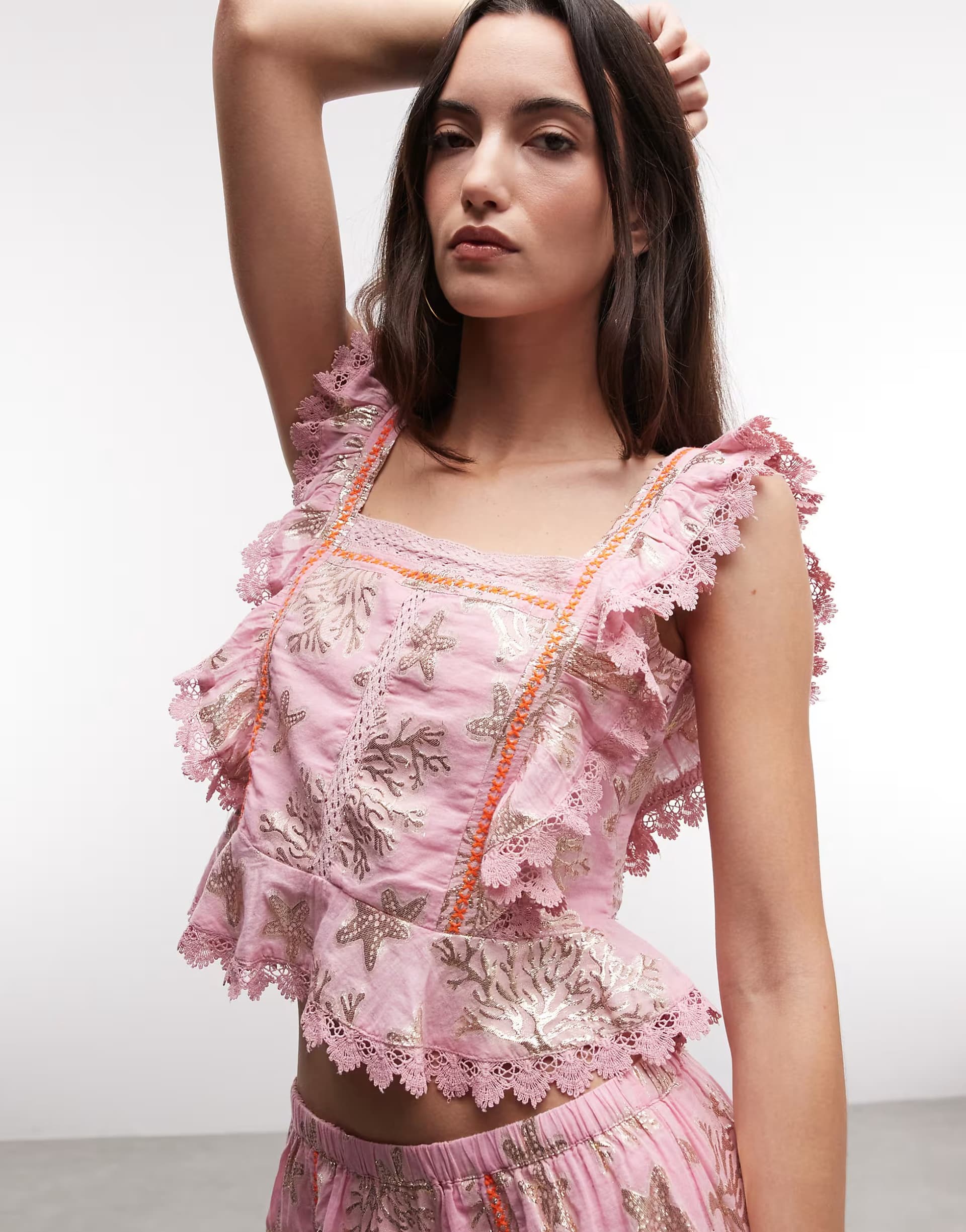 ASOS River Island sealife embroidered ruffle blouse in coral 