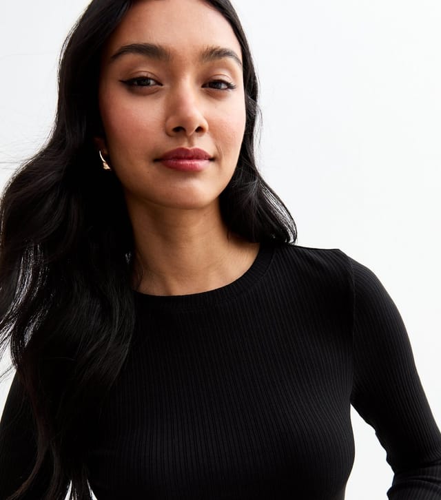 New Look Women's Black Ribbed Cotton Blend Crew Neck Bodysuit New Look - 2