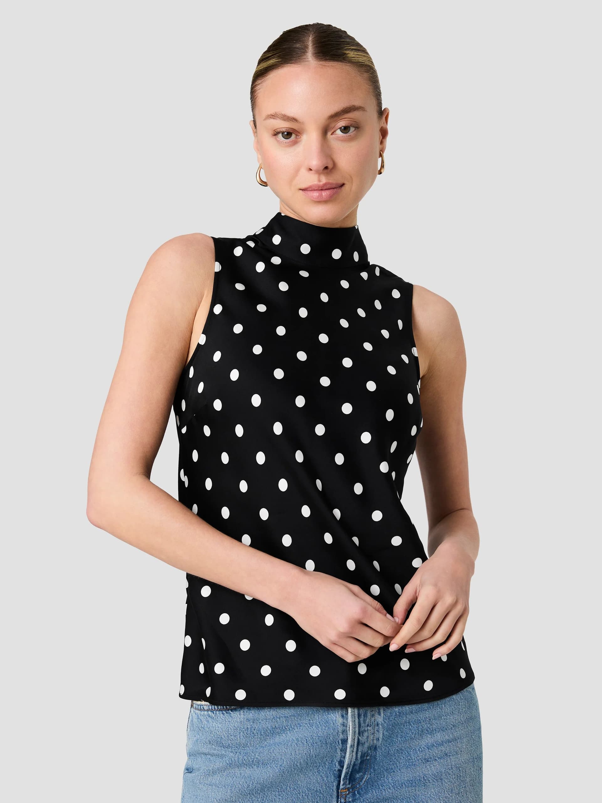 French Connection Ennis Black and White Polka Dot Eco Satin Bow Top Black/White