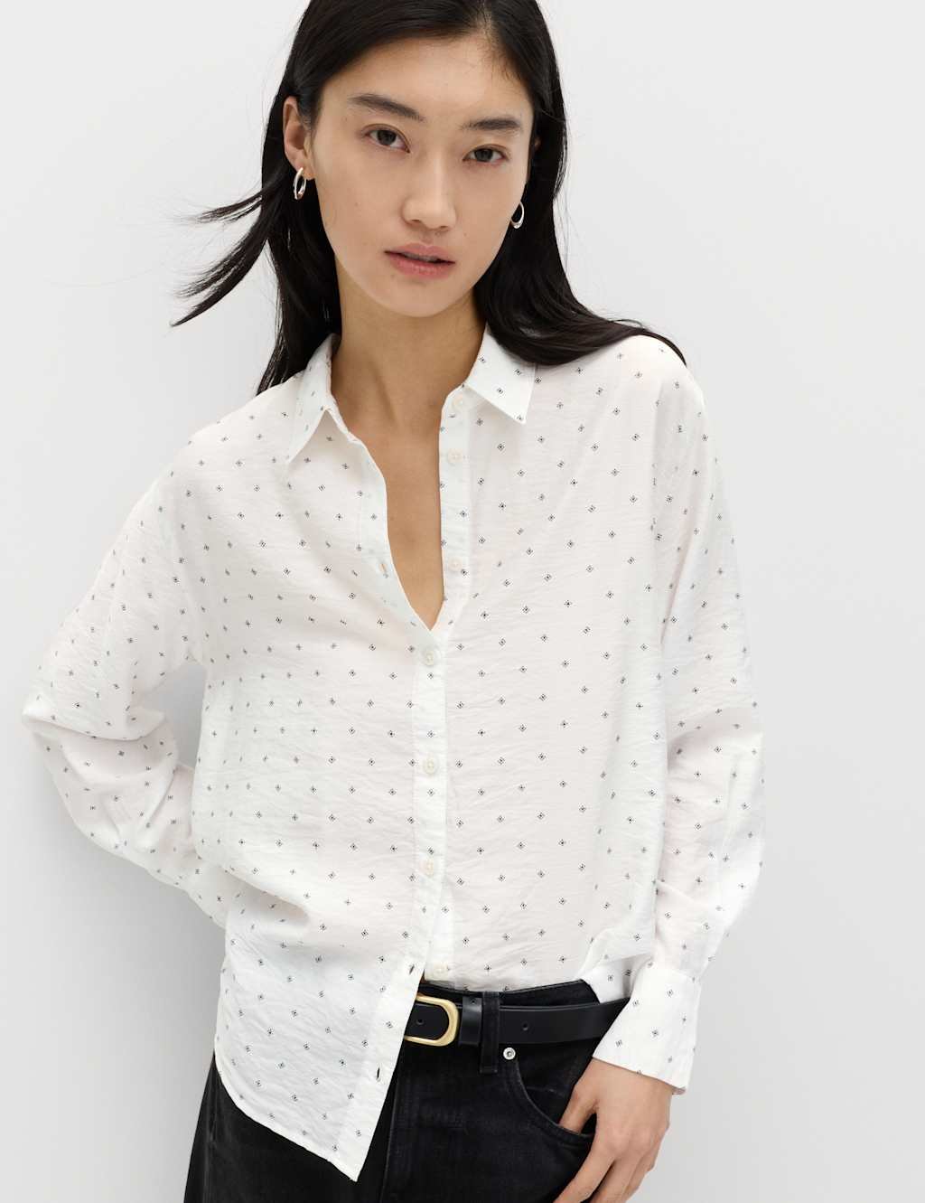 Marks & Spencer M&S Textured Collared Button Through Shirt Ivory Mix - 1
