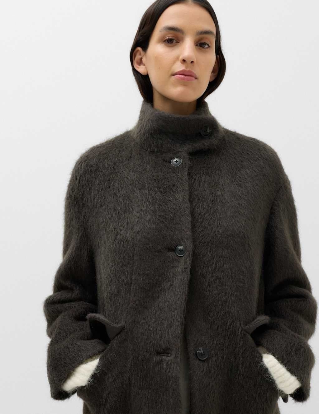 Marks & Spencer M&S Brushed Funnel Neck Midi Coat Nearly Black