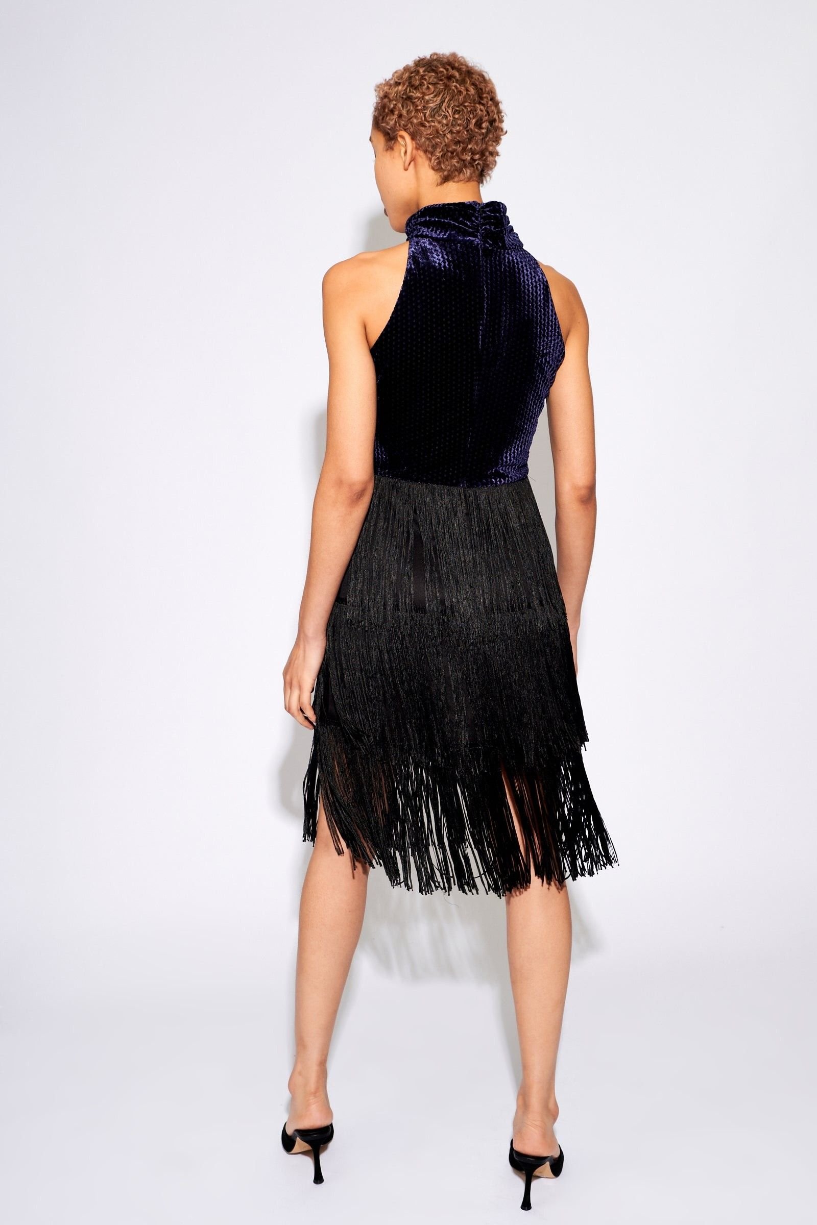 Louche Louche Women's Karene Fringe Skirt Velvet Mini Dress in Navy in Blue - 2