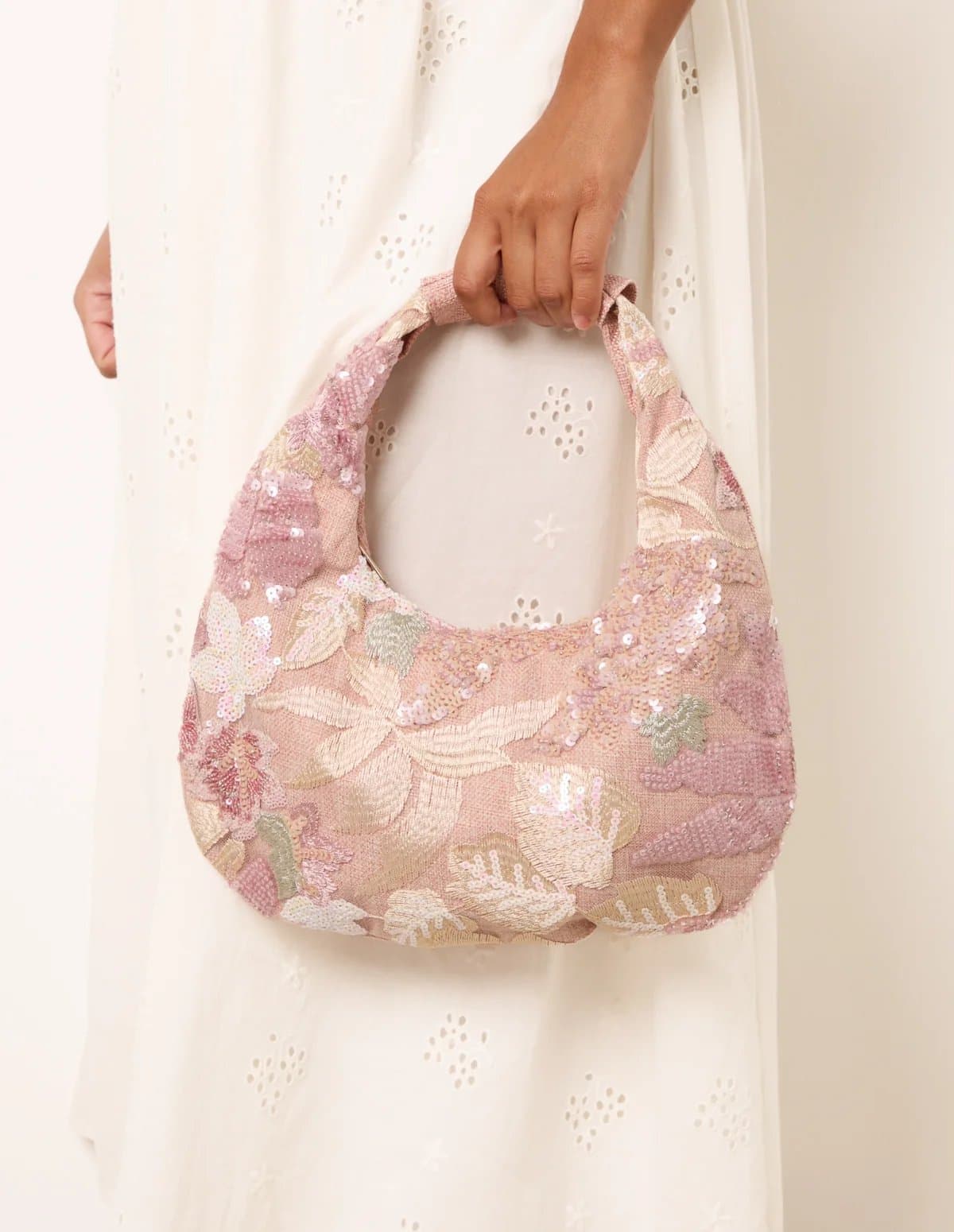 Blue Vanilla Embellished Floral Hobo Bag