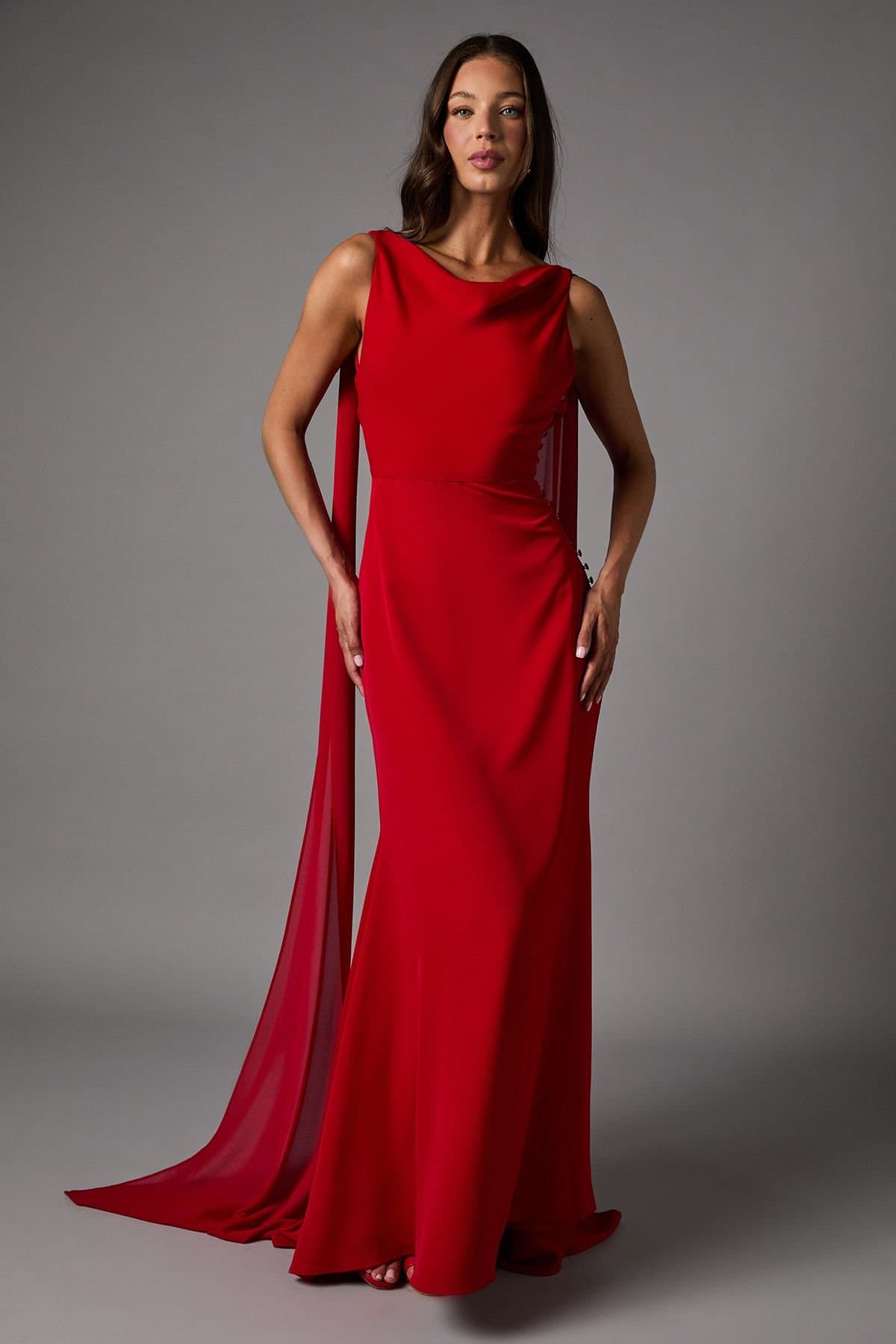 Coast Coast Women's Chiffon Detail Cowl Back Crepe Maxi Dress in Red