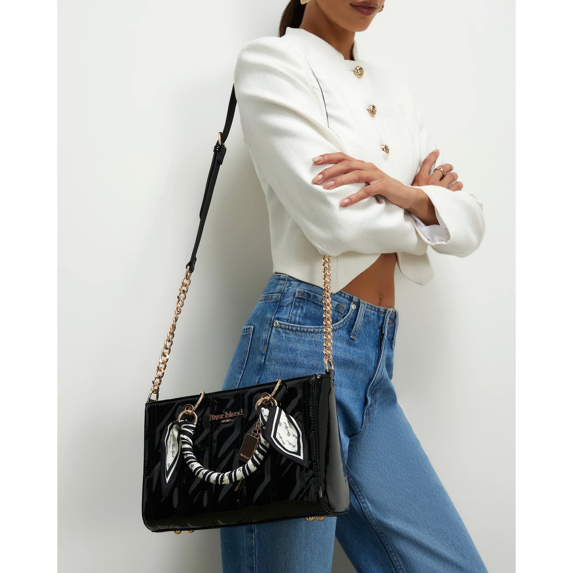 River Island River Island Womens Black Quilted Patent Tote Bag