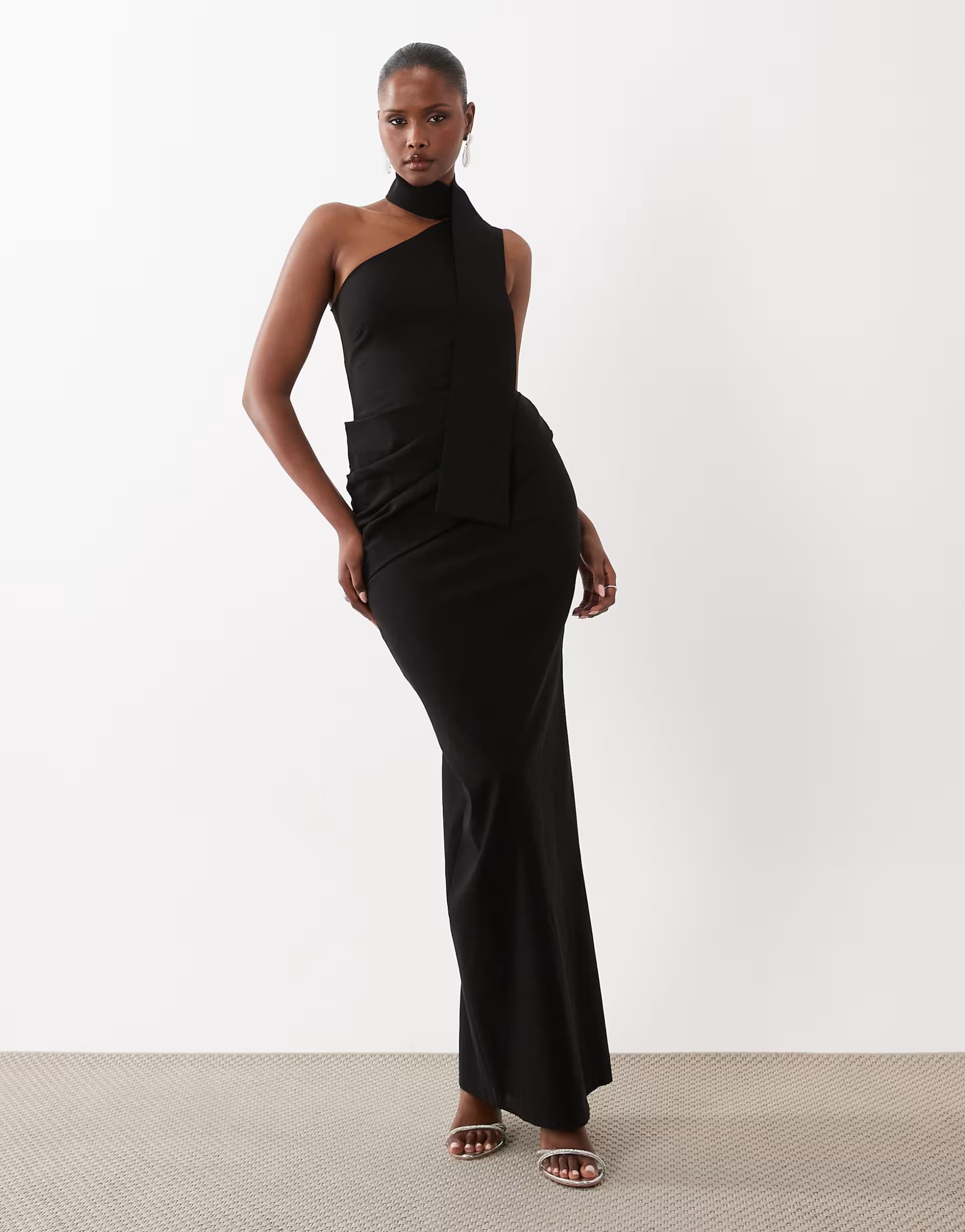 ASOS Vesper bengaline scarf detail ruched drape front maxi dress in black