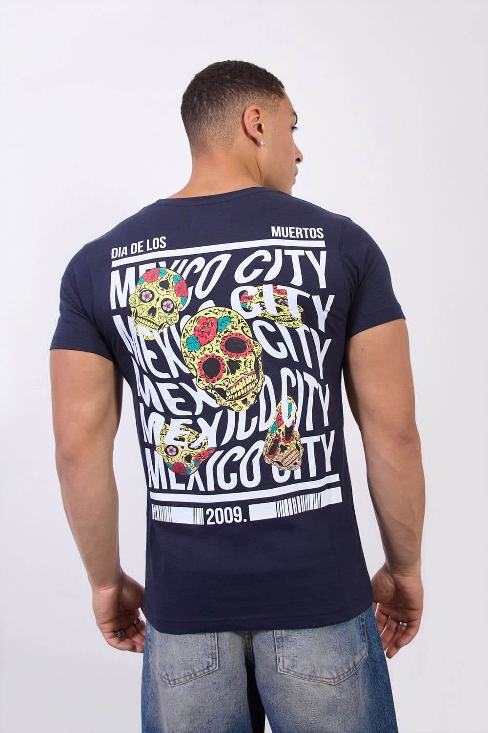 LONDON ATTITUDE LONDON ATTITUDE Men's Navy Mexico City Dia De Los Muertos Skull Graphic T-Shirt in Dark Blue