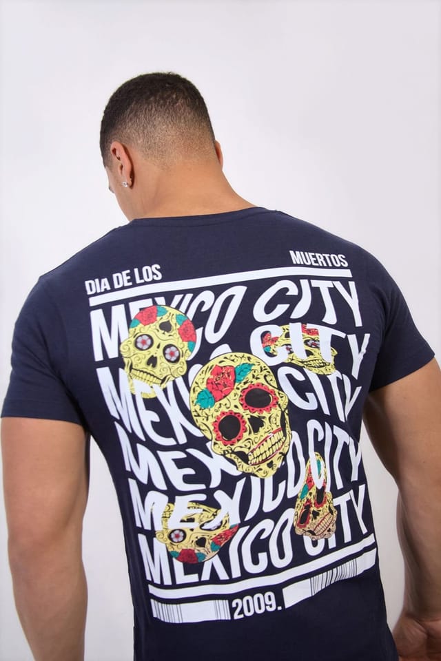 LONDON ATTITUDE LONDON ATTITUDE Men's Navy Mexico City Dia De Los Muertos Skull Graphic T-Shirt in Dark Blue - 2