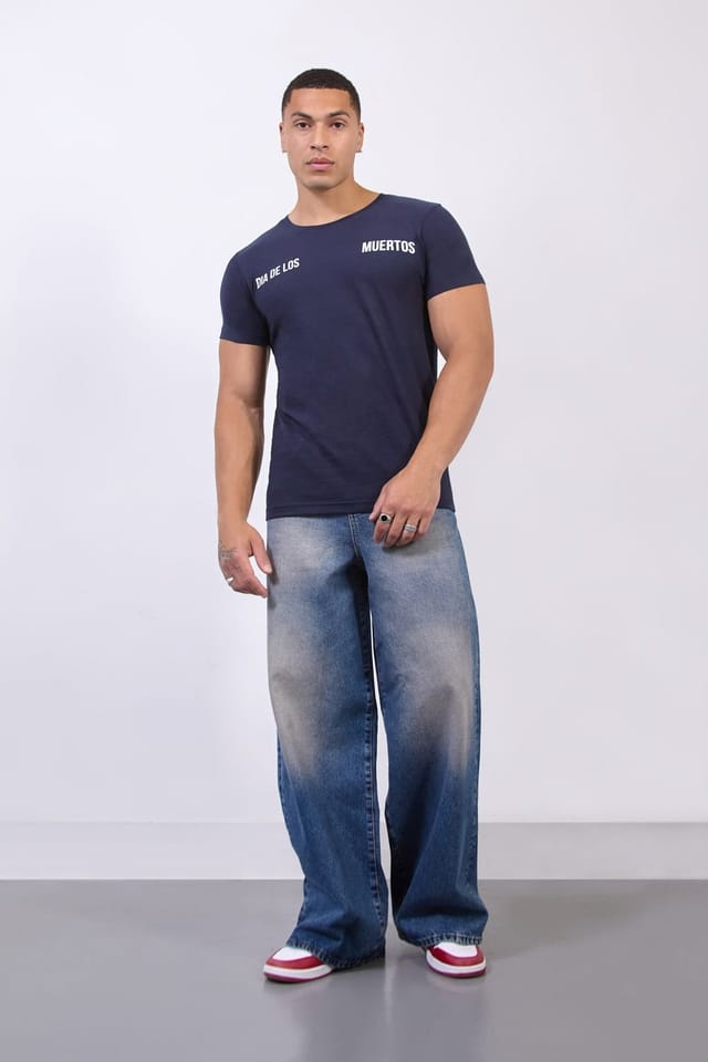 LONDON ATTITUDE LONDON ATTITUDE Men's Navy Mexico City Dia De Los Muertos Skull Graphic T-Shirt in Dark Blue - 3