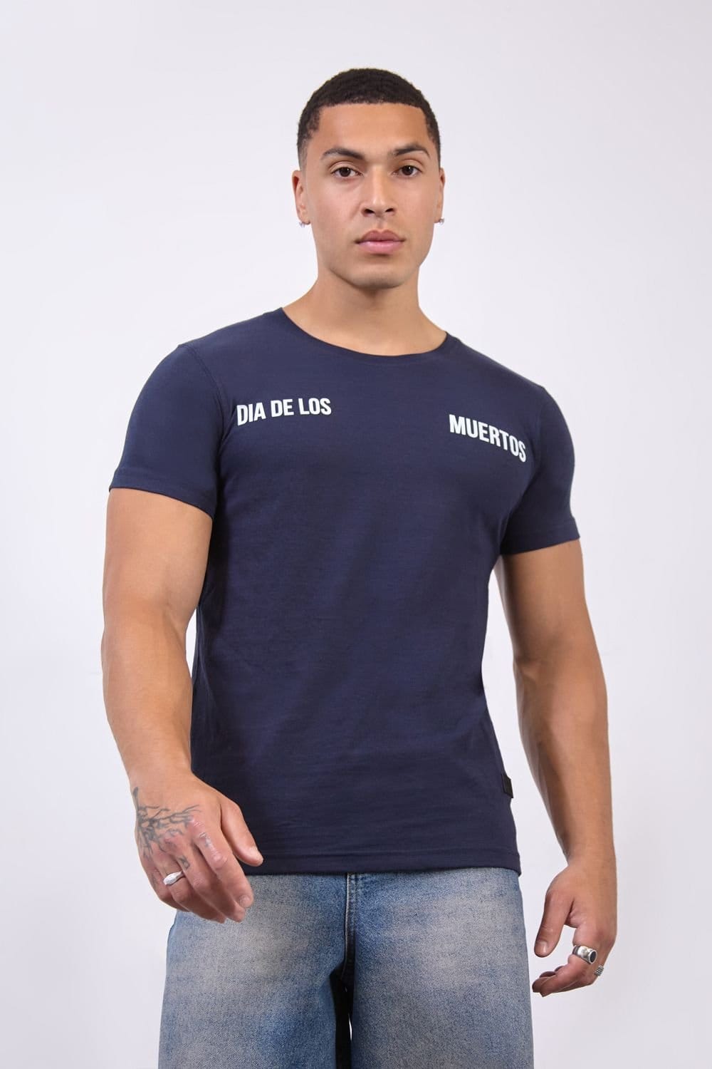 LONDON ATTITUDE LONDON ATTITUDE Men's Navy Mexico City Dia De Los Muertos Skull Graphic T-Shirt in Dark Blue - 4