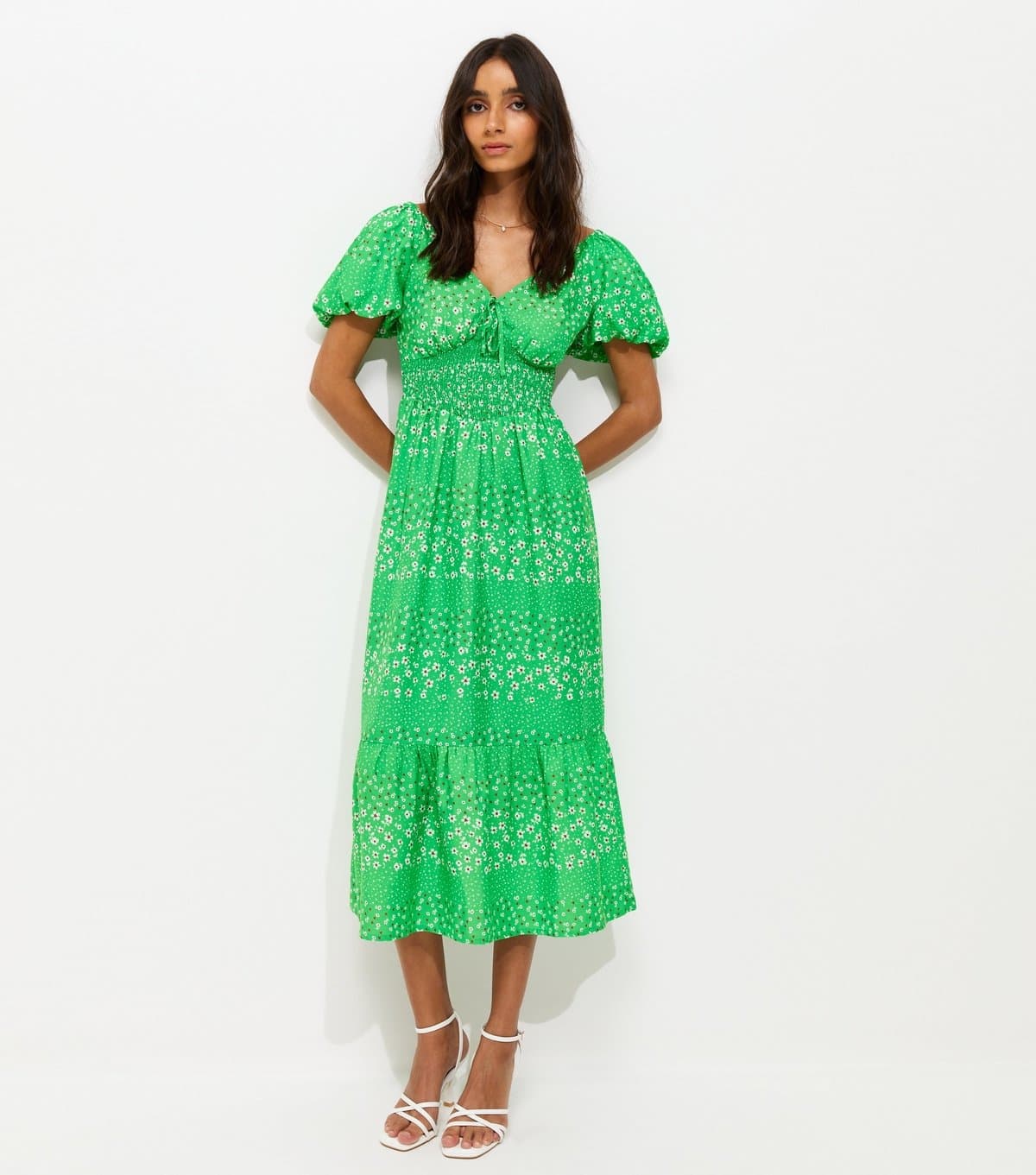 New Look Women's Green Crepe Ditsy Puff Sleeve Shirred Waist Midi Dress New Look