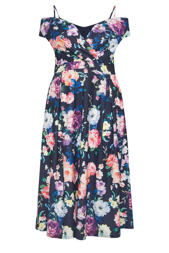 Yours Yours Women's Bardot Floral Skater Dress in Dark Navy - 2