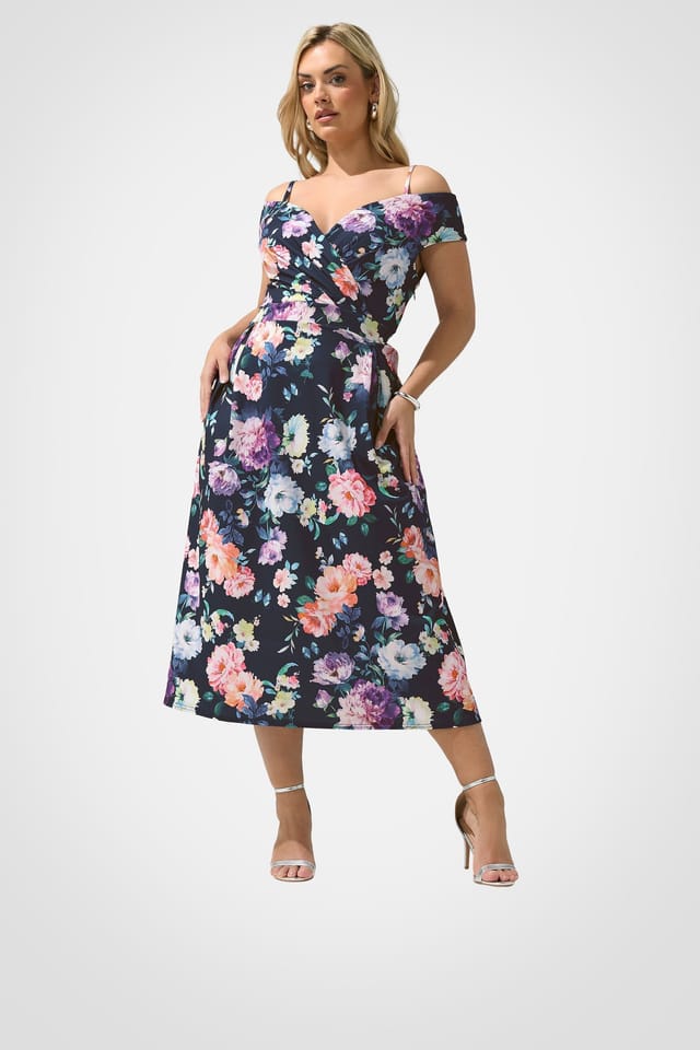 Yours Yours Women's Bardot Floral Skater Dress in Dark Navy - 3