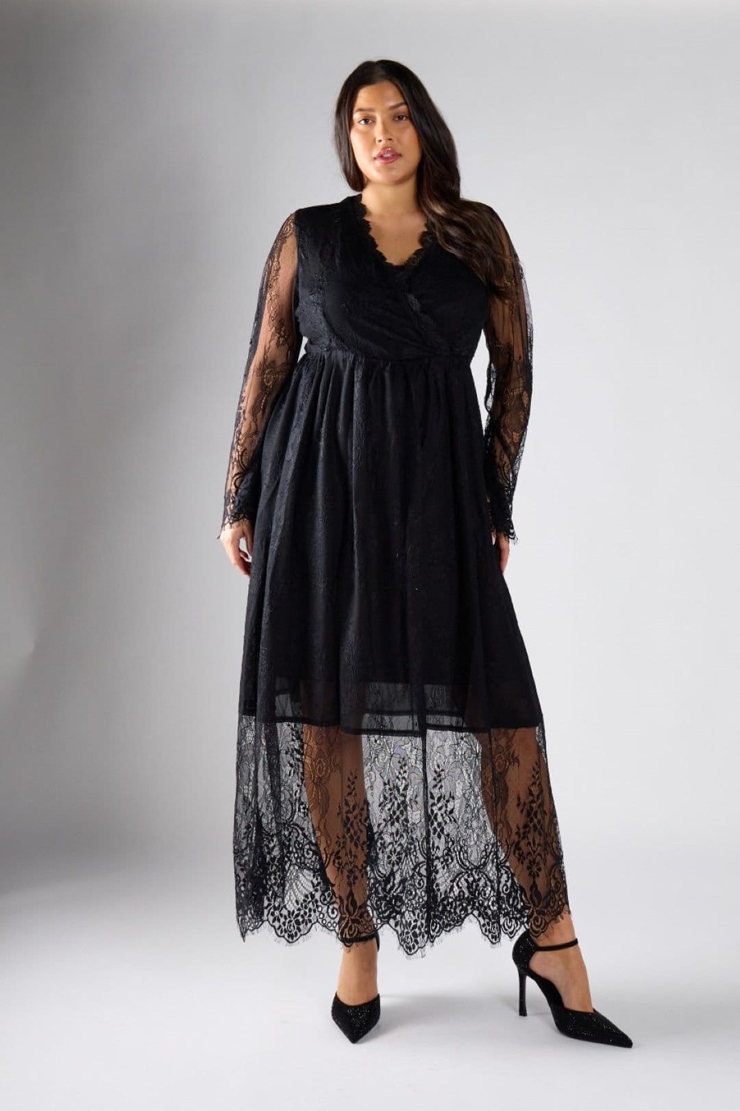 Shnoo Black Lace Wrap Midi Dress - Elegant Crossover Elegance