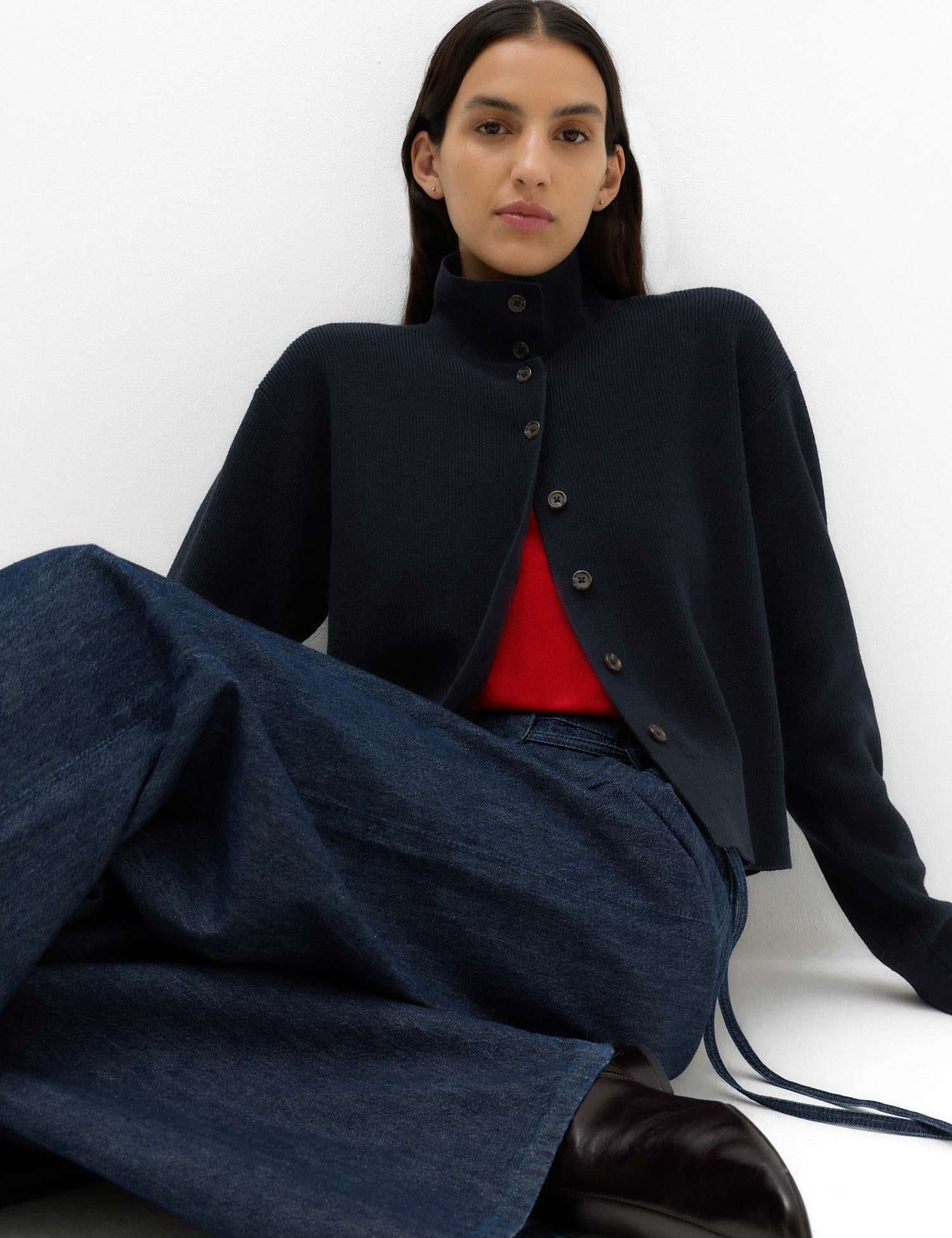 Marks & Spencer M&S Ribbed Collared Button Through Knitted Jacket Midnight Navy