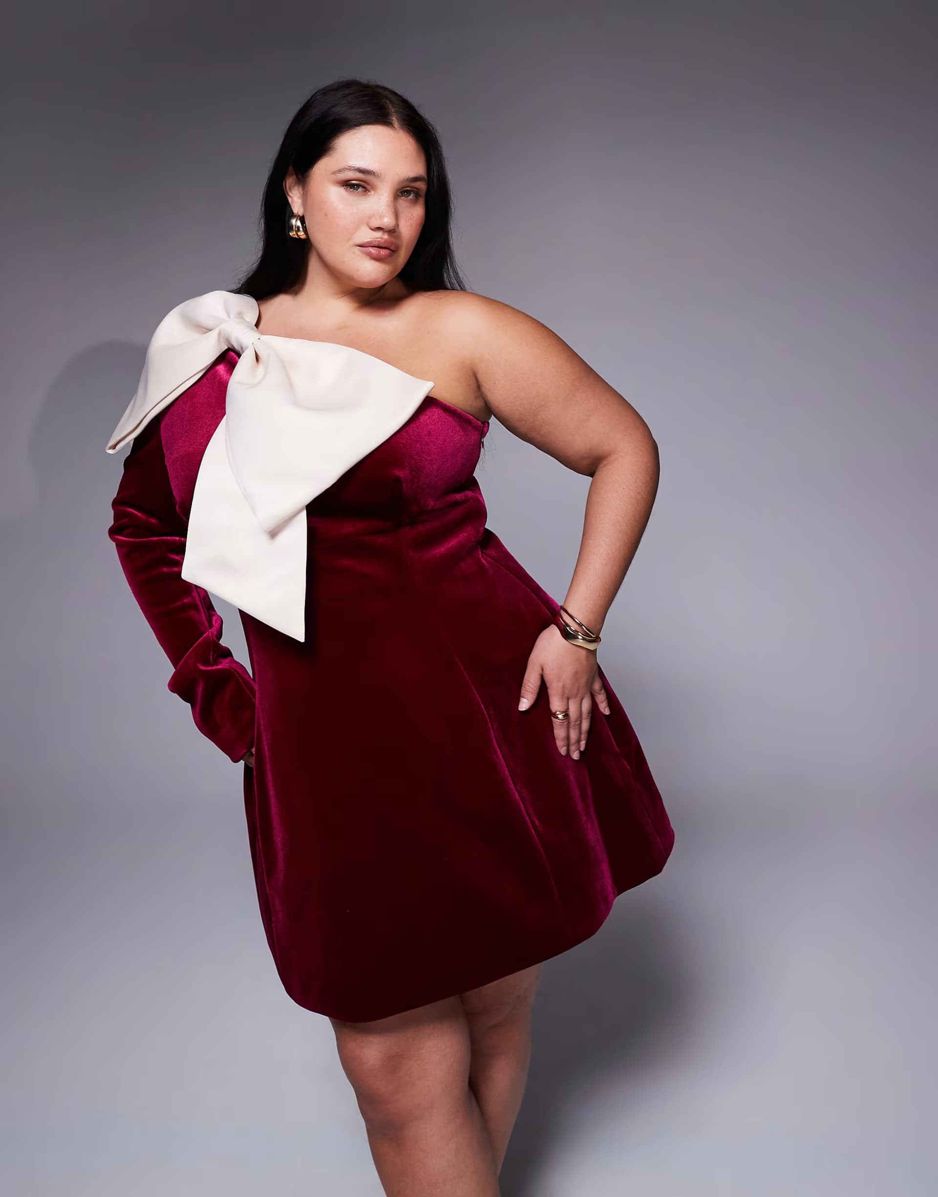 ASOS ASOS LUXE Curve one shoulder velvet mini dress with bow detail in burgundy