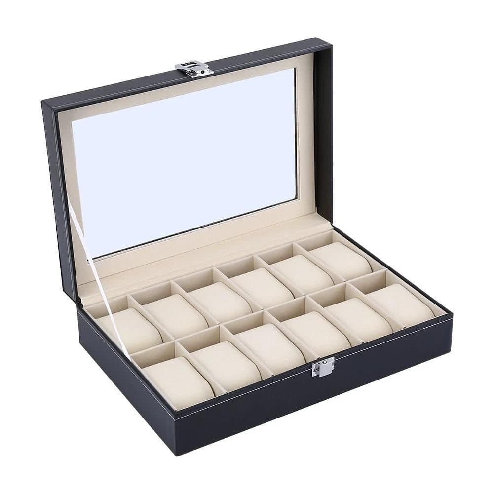 Dyzi Dyzi Men's 12 Slot Faux Leather Watch Box Transparent Lid Velvet Lined Organiser in Black