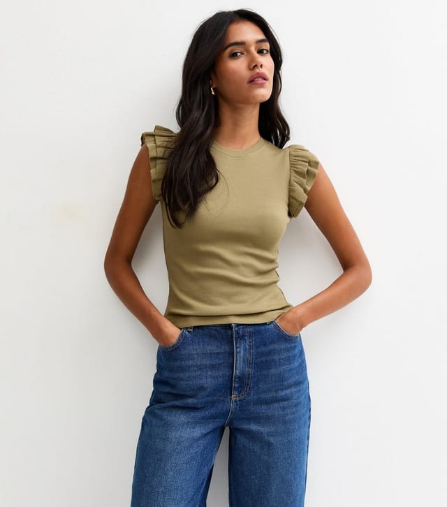 New Look Women's Light Khaki Frill Sleeve Top New Look - 2