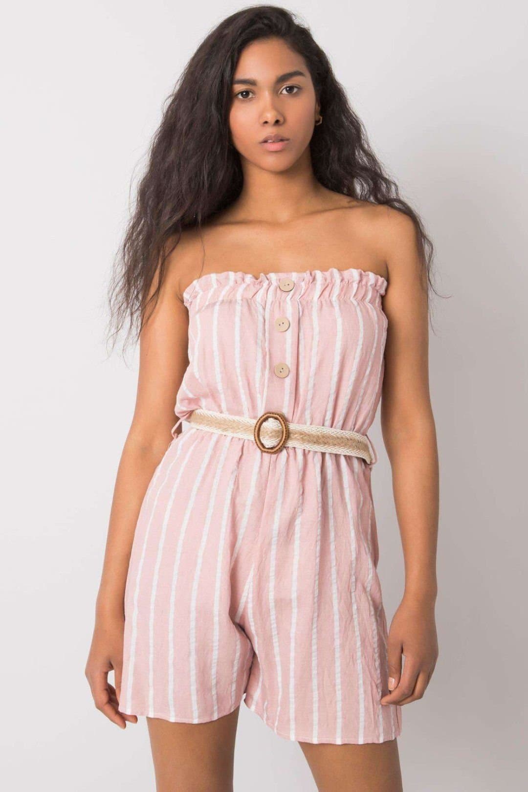 Love Lace Love Lace Women's Casual Striped Belted Jumpsuit with Button in Pink