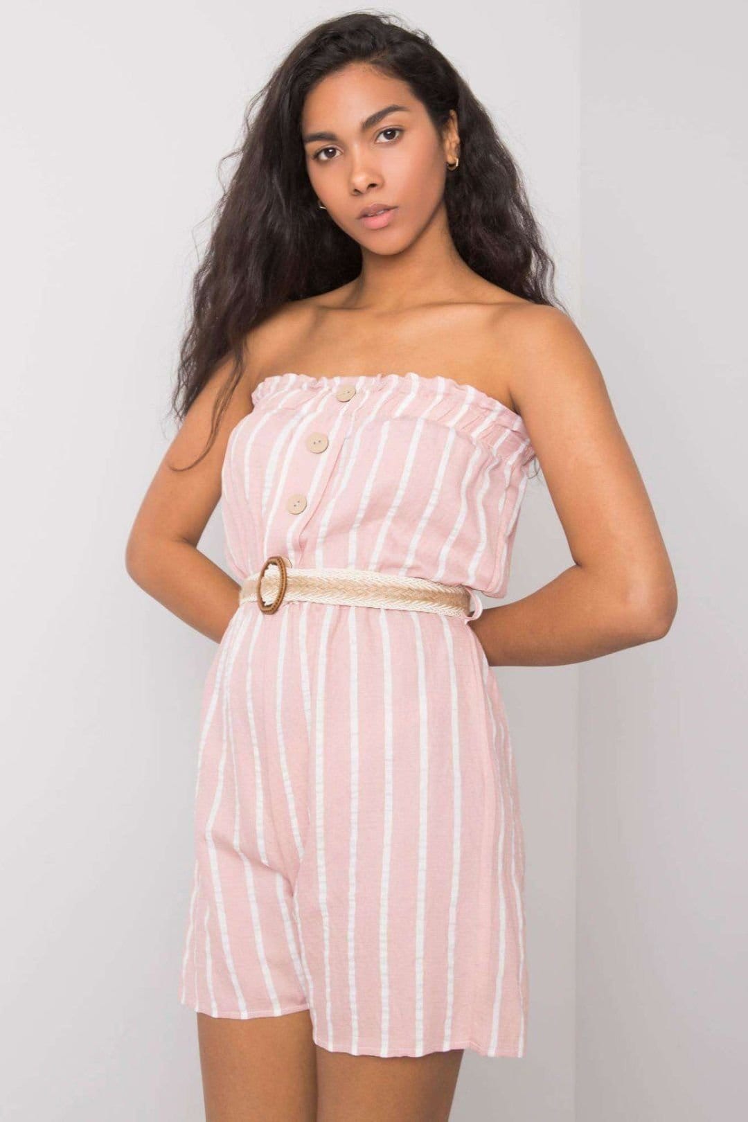 Love Lace Love Lace Women's Casual Striped Belted Jumpsuit with Button in Pink - 4