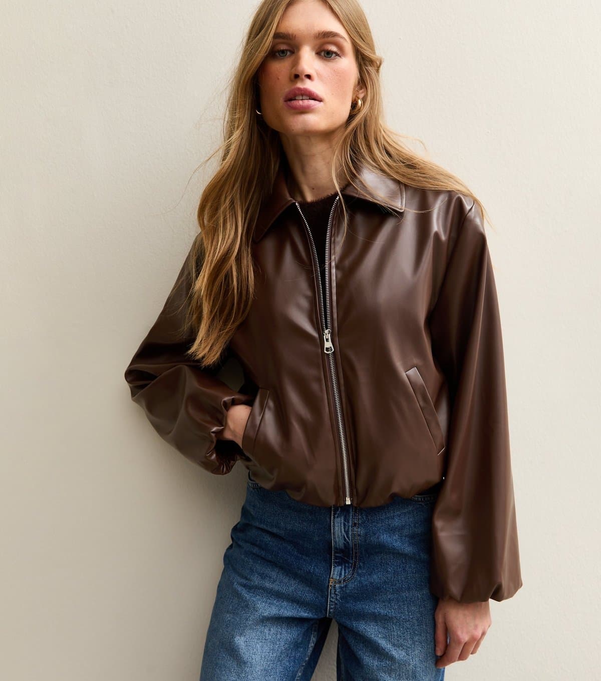 New Look Women's Brown Faux Leather Bubble Hem Jacket New Look