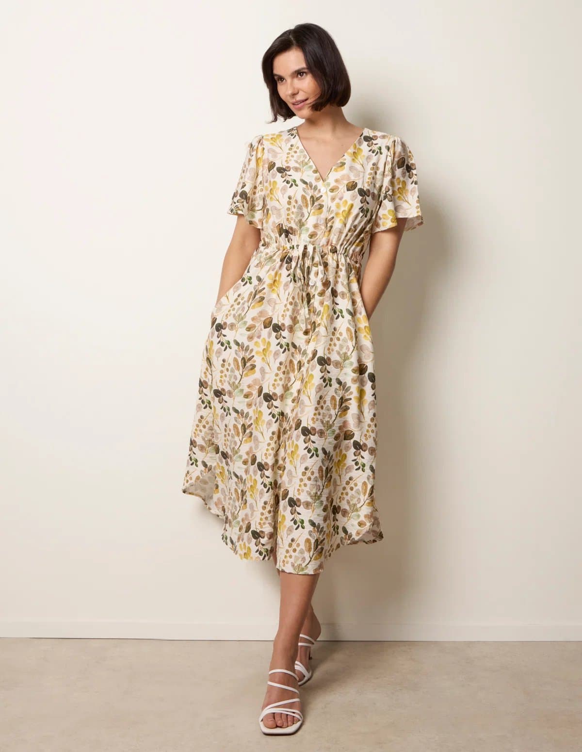 Blue Vanilla Leaf Print Tie Waist Shirt Midi Dress