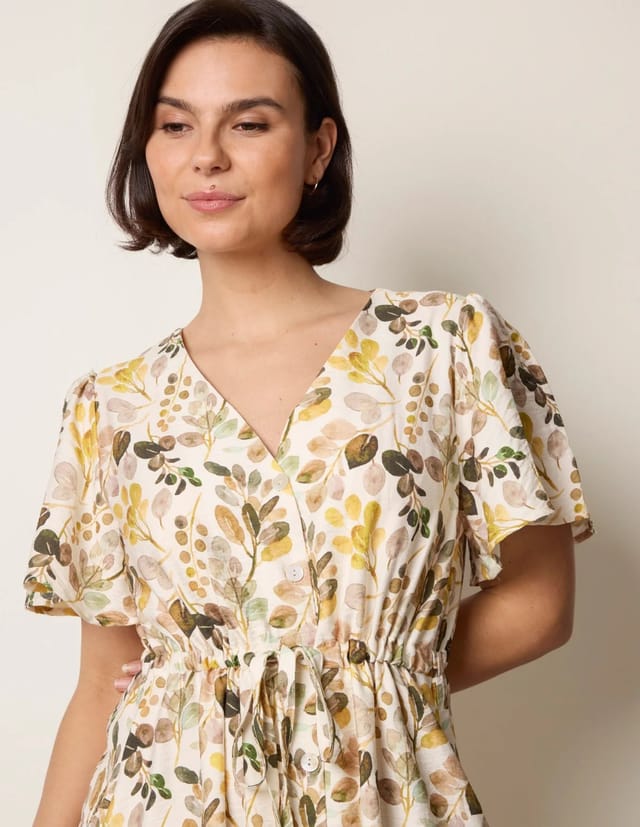 Blue Vanilla Leaf Print Tie Waist Shirt Midi Dress - 2