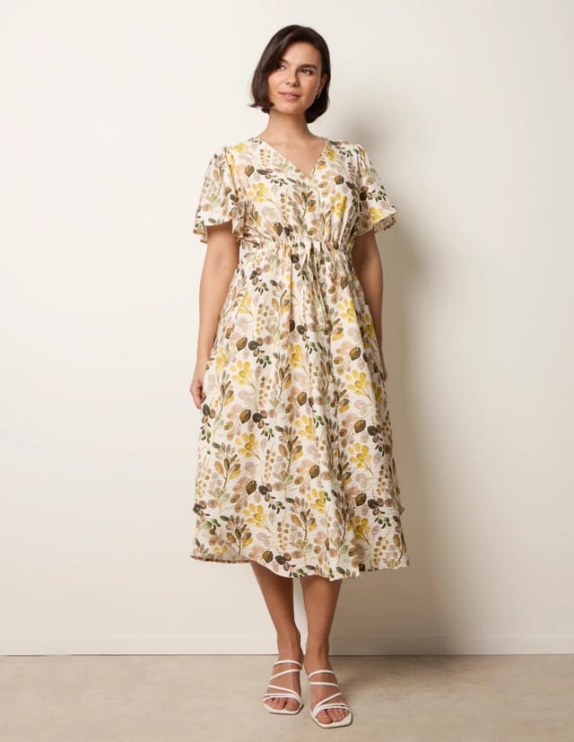 Blue Vanilla Leaf Print Tie Waist Shirt Midi Dress - 3