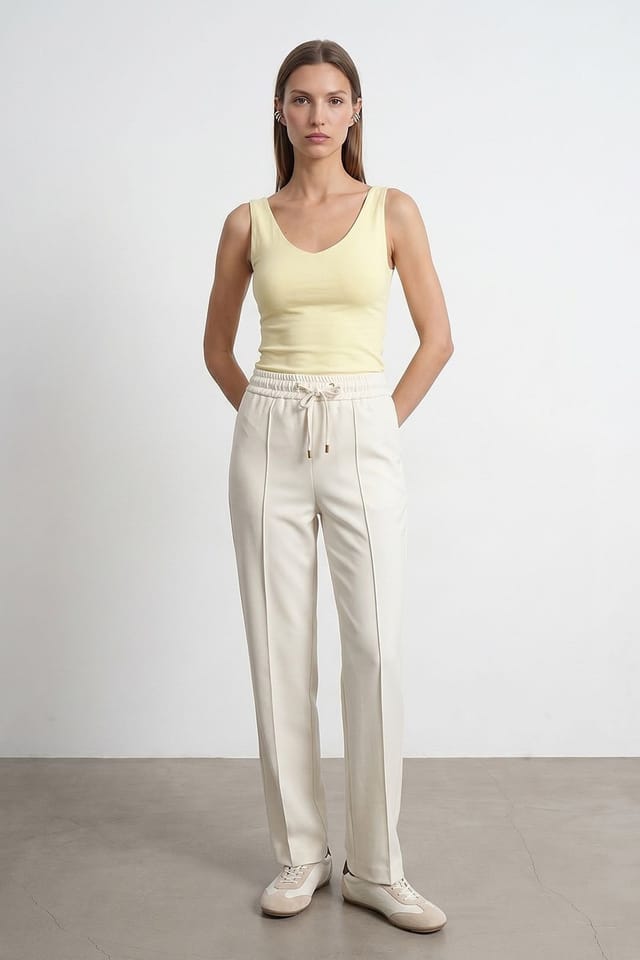 Dilvin Dilvin Women's Straight-leg Crepe Trousers With Drawstring Waist in Off-White - 2