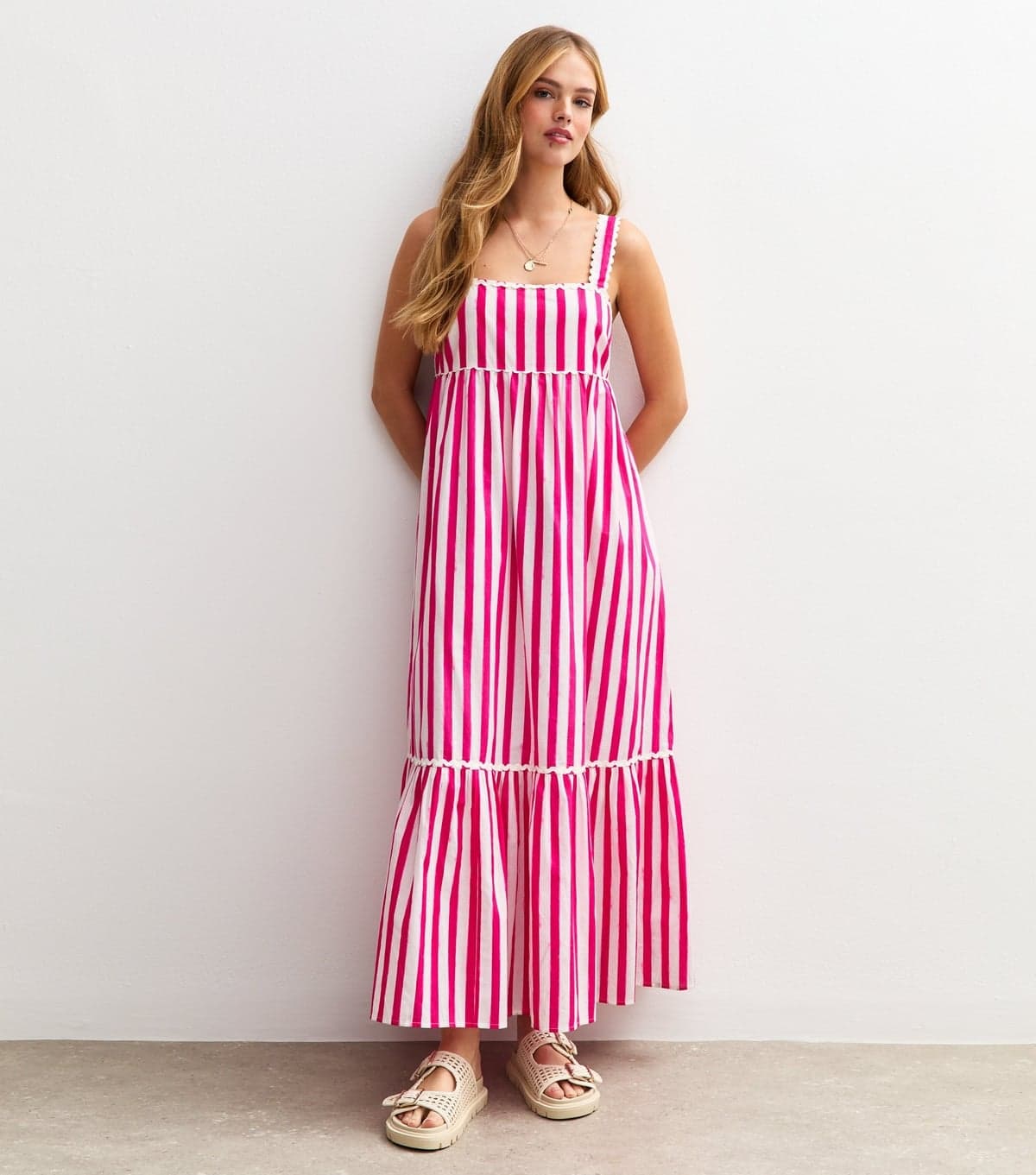 New Look Women's Pink Striped Scalloped Edge Midi Dress New Look