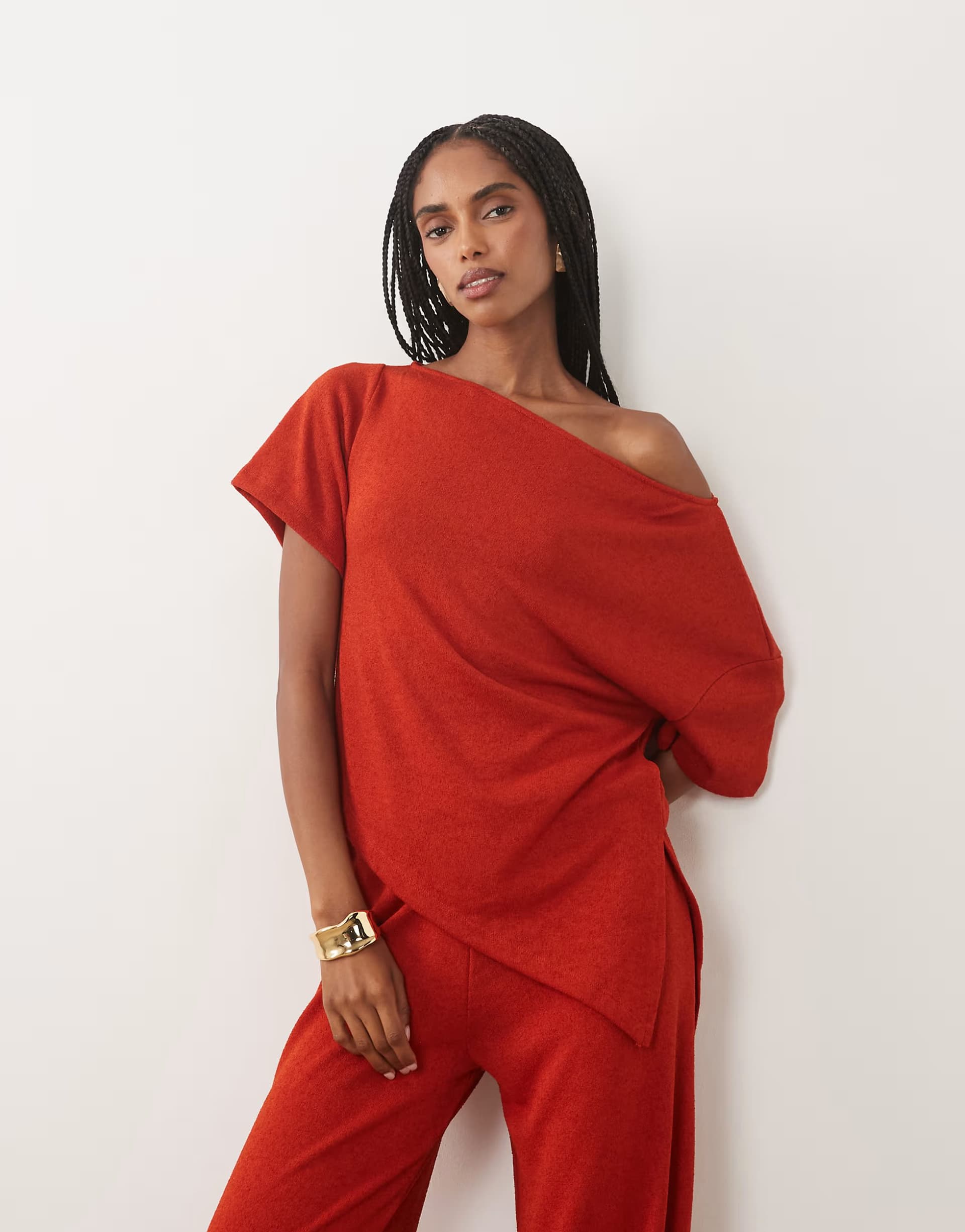 ASOS ASOS DESIGN textured crochet jersey off shoulder top co-ord in burnt red