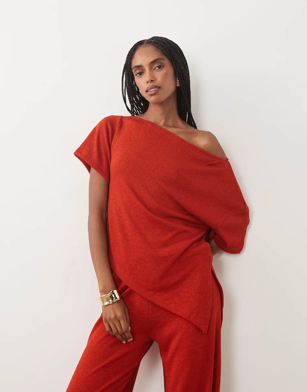 ASOS ASOS DESIGN textured crochet jersey off shoulder top co-ord in burnt red - 1