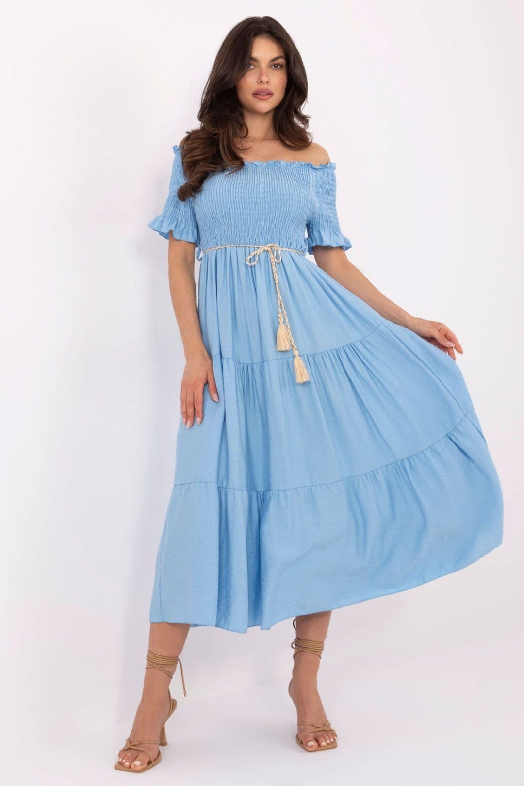 Love Lace Blue Viscose/Nylon Off-Shoulder Midi Dress