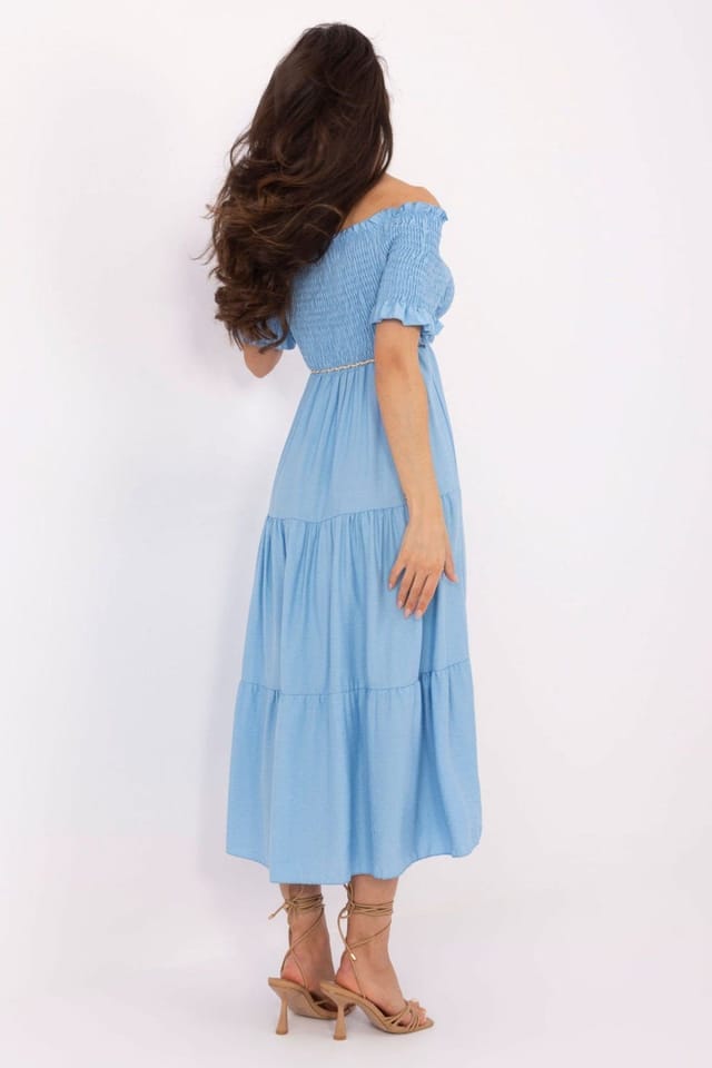 Love Lace Love Lace Women's Spanish Ruffle Neck Midi Dress with Belt in Blue - 3