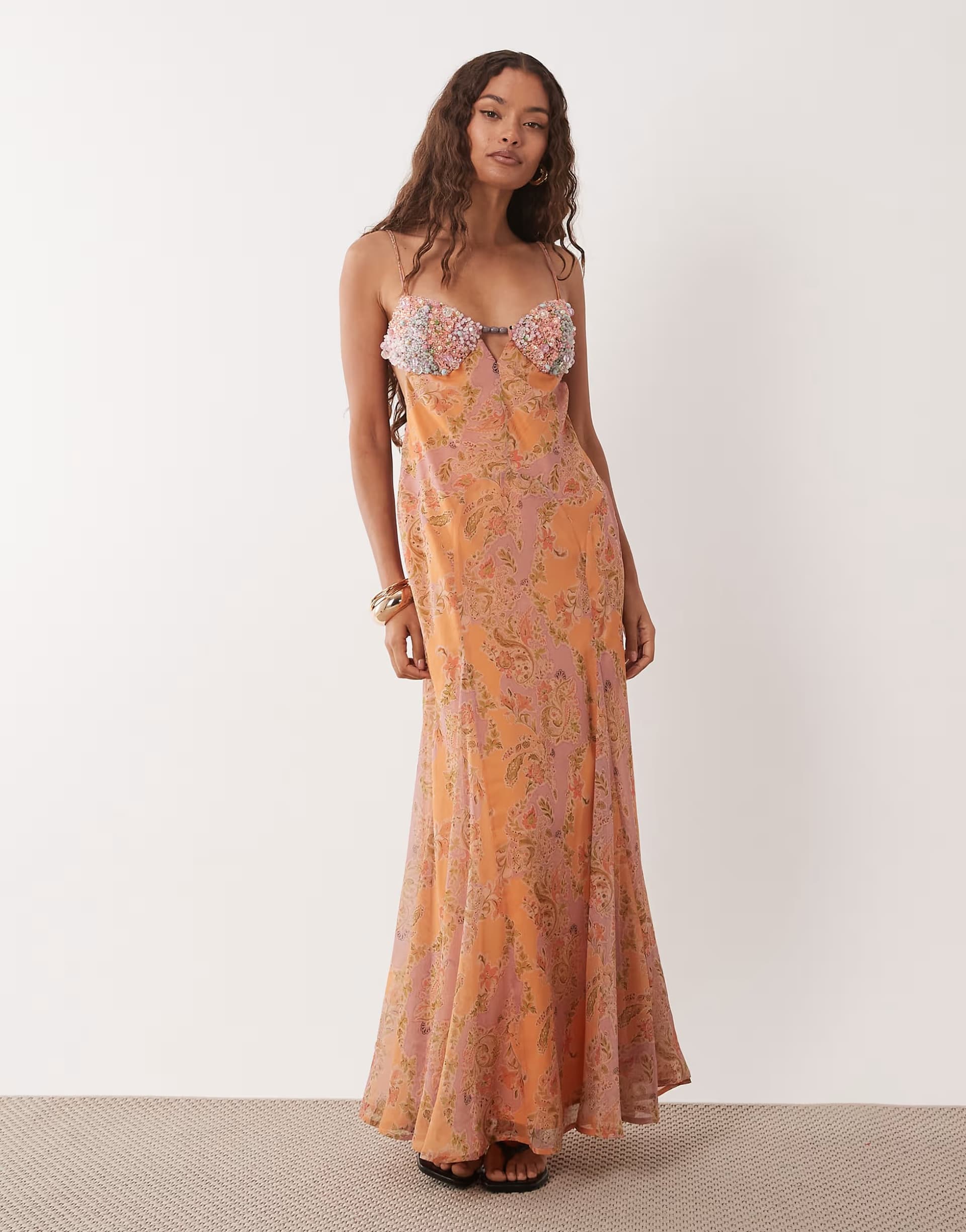 ASOS ASOS DESIGN Petite embellished bust cami cut out maxi dress in multi paisley print